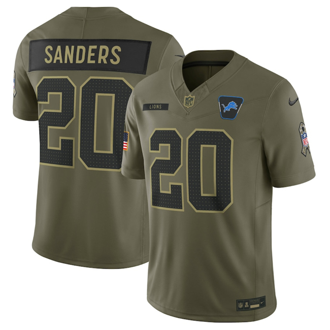 Men's Detroit Lions #20 Barry Sanders Olive 2025 F.U.S.E. Salute to Service Limited Stitched Football Jersey